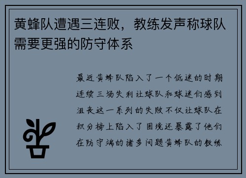 黄蜂队遭遇三连败，教练发声称球队需要更强的防守体系